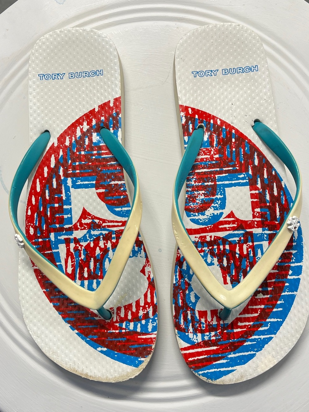 Tory Burch White Flip Flops with Red & Blue Graphic and Cream/Teal Straps